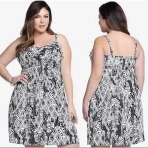 Torrid Tribal Skull Ruffle Trim Sleeveless Sundress Women's 3X Black and White